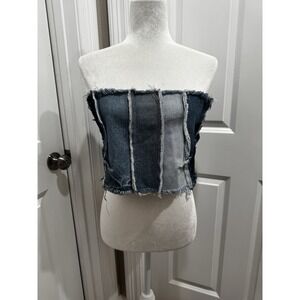 Phlemuns Patchwork Denim Corset XS Tie Back Raw Y2K Grunge Festival Streetwear